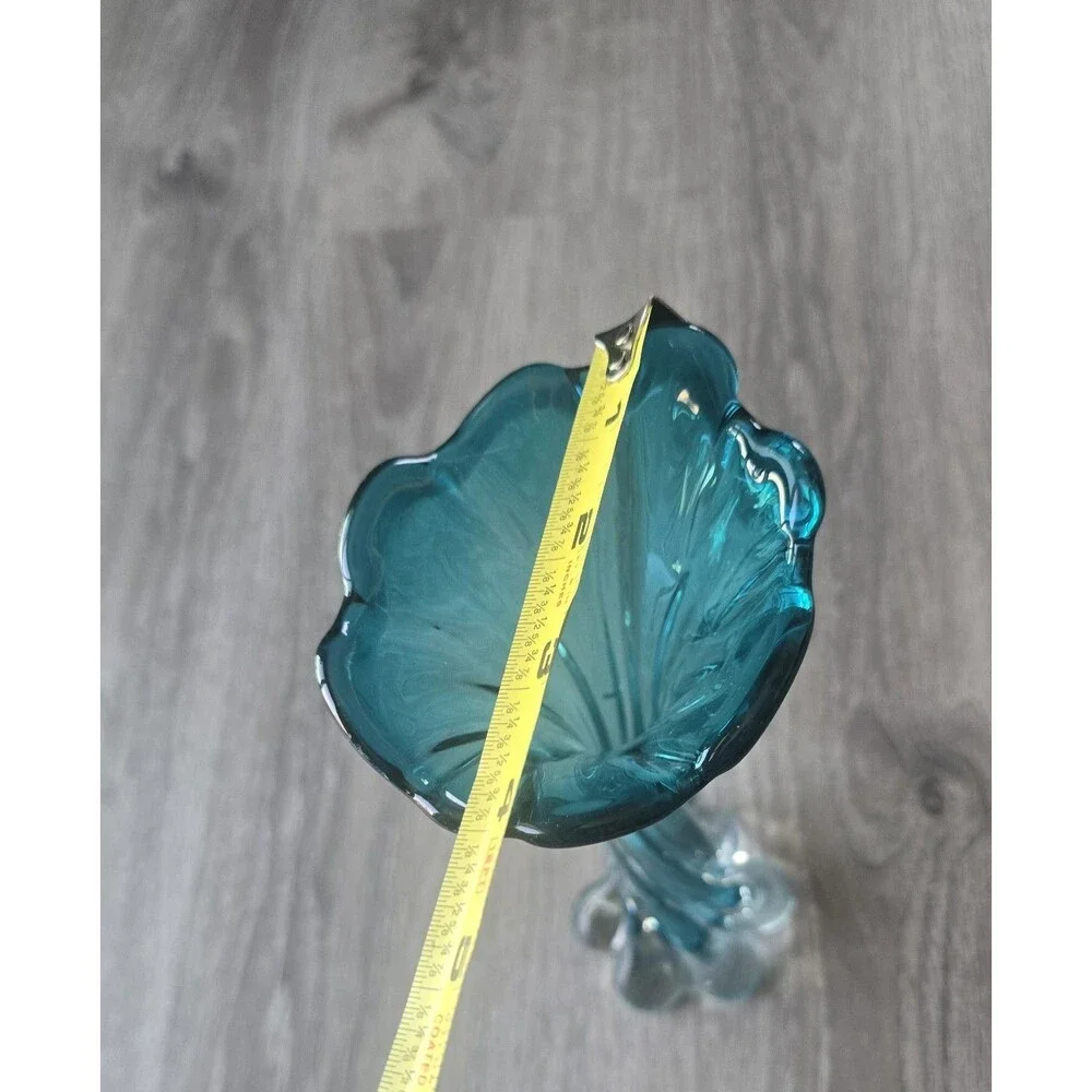 Vintage MCM Twisted Art Glass Vase Turquoise Blue Swung Glass 11
